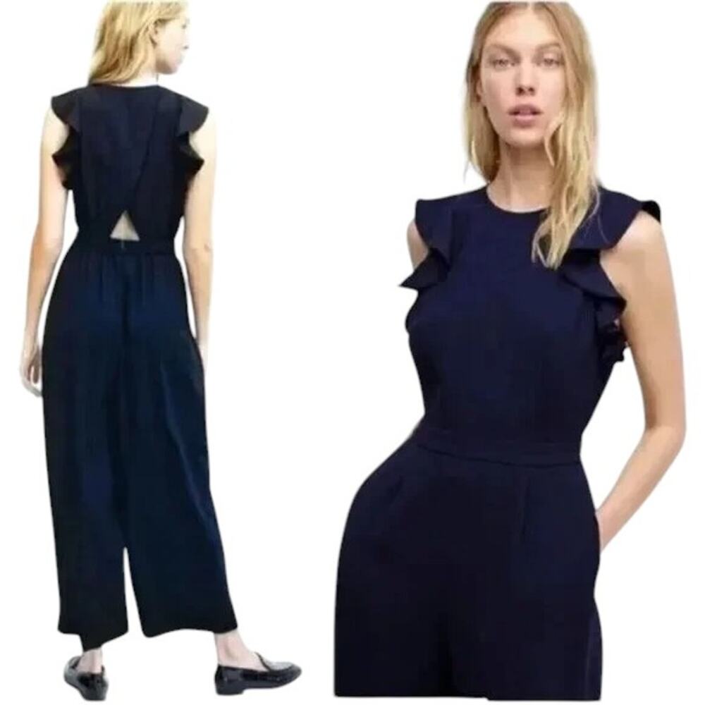 J. Crew Sleeveless Navy Ruffle Open Back Jumpsuit Pockets in 365 Crepe Size 2